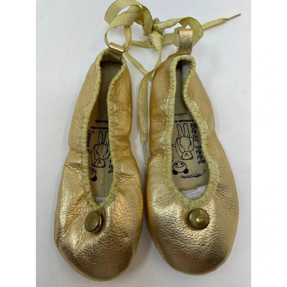 Bear Feet Ballet Flats Kids‎ Size 12 Gold Excellent Metallic Leather Ribbon Tie